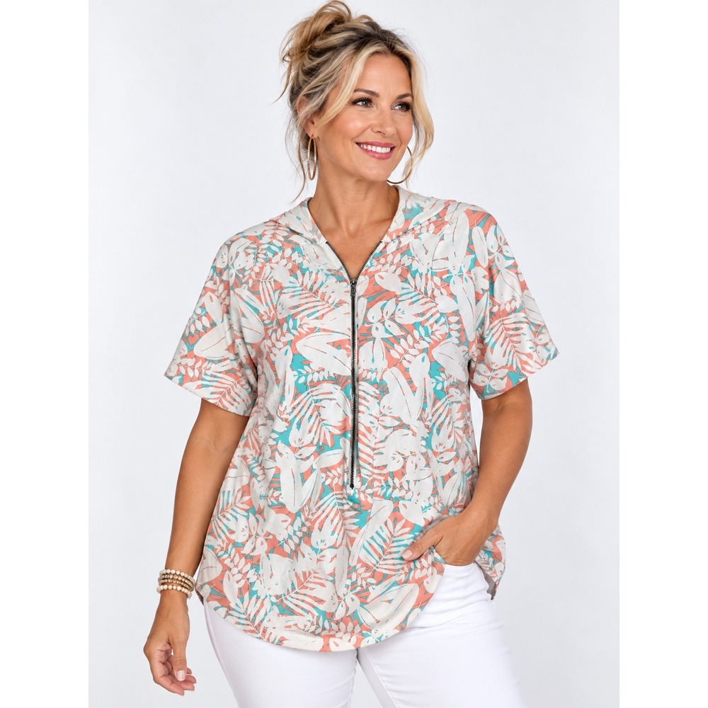 Belle by Kim Gravel Tropical Leaf Half Zip Top Coral Teal L Coastal Resortwear